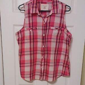 SONOMA Sz XL, Plaid Sleeveless Button-Up Shirt - Pink Multi